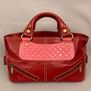 Celine Red Leather Satchel Bag Pink Quilted Detail Designer Purse Classic Luxury